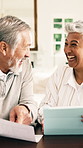 Senior, documents and happy couple with tablet in home for finance, pension fund or expenses. Elderly, man and woman with smile, invoice or technology for financial planning or asset management