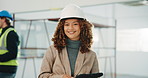 Happy, woman and face of construction worker on site with research for renovation or repairs. Smile, professional and portrait of civil contractor with pride for property development or maintenance.