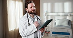 Man, tablet and doctor with vision for healthcare, admin information or telehealth schedule. Tech, planning and happy person with medical records, scroll or thinking of wellness email in hospital