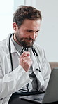 Medical, smile or man in hospital with laptop, diagnosis solution or positive feedback in telehealth. Happy, health or doctor with tech, online consultation or recovery progress with treatment plan.