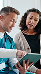 Nurse, tablet and mature patient with discussion for medical service, consulting and help in clinic. Healthcare, telehealth and woman with man on tech for diagnosis results or prescription report