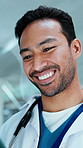 Medical, smile or man in hospital with tablet, diagnosis solution or positive feedback in telehealth. Happy, health or doctor with tech, online consultation or recovery progress with treatment plan.