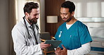 Doctor, nurse and talk in hospital with tablet, smile and explain AI software for healthcare admin. Happy, men and team discussion in clinic with tech, medical research or download telehealth chatbot