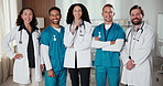 Face, doctors and nurses in hospital with smile, team and collaboration for healthcare excellence. Happy, people and medical employees in clinic with group solidarity, integrity or positive attitude.