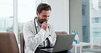 Happy, doctor and man in hospital with laptop, typing and reading AI medical report for diagnosis. Person, smile and browsing in clinic with computer, healthcare innovation or research new treatment.