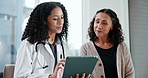 Healthcare, doctor and women with tablet in hospital, support or explaining test results to patient. Medical professional, discussion and comfort for mature person, happy and diagnosis in clinic