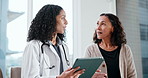 Doctor, consultation and women with tablet in clinic, health and explaining test results to patient. Healthcare, medical professional and discussion with mature person, happy and diagnosis on website
