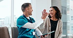 Clinic, high five and doctor with tablet, appointment and explaining good news to patient or health. Hospital, medical professional and celebration with mature person, happy and diagnosis on website