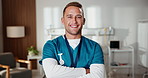 Face, nurse and man in hospital with arms crossed, smile and positivity for healthcare internship. Happy, male person and employee in clinic with confidence, pride and about us for medical residency.