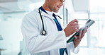Tablet, happy and doctor in hospital with pen for medical service, telehealth or appointment schedule. Healthcare, flare and man on tech for patient records, research and insurance website in clinic