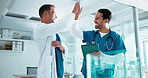High five, team and men with tablet for healthcare success,  achievement or thank you for help. Medical, happy doctor and nurse with tech to celebrate goal, support or laugh with results in hospital