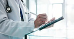 Tablet, stylus and hands of doctor in hospital for medical service, telehealth or virtual prescription. Healthcare, flare and man on tech for research, medicine app or website for insurance in clinic