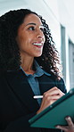 Tablet, thinking and business woman with stylus for online report, finance review and risk assessment. Corporate, happy and person on tech for research, investment portfolio and financial planning