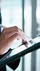 Tablet, business and hands of woman with stylus for report, finance review and risk assessment. Corporate, office and person on digital tech for research, investment portfolio and financial planning