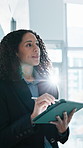 Thinking, business and woman with stylus on tablet for report, finance review and risk assessment. Corporate, flare and person on digital tech for research, investment option and financial planning