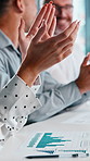 Hands, business and people in office with applause, good news and success for revenue increase. Smile, team and clapping in meeting with documents, financial report and celebration for profit growth