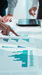 Hands, people and graphs in meeting with documents, data analysis and finance report for accounting. Team, pointing and reading in office with paperwork, charts and financial stats for profit growth