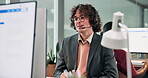 Consulting, man and happy at computer in call center for tech support, account access or assistance. Coworking, helpdesk technician and mic for remote diagnostics, problem solving or customer service