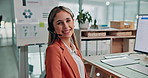 Call center, laugh and face of woman with headset for financial advice, consulting and help. Portrait, happy and person on computer for investment portfolio, customer support and contact us in office