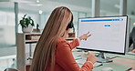 Call center, computer and business woman with headset for financial advice, consulting and help. Pointing, talking and person on pc for investment portfolio, customer support and contact us in office
