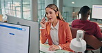 Help, woman and happy at computer in callcenter for customer care, follow up call or feedback. Coworking, friendly consultant and technology to log support ticket, problem solving or helpdesk service
