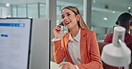 Help desk, woman and happy at computer in call center for network resolution, account access or FAQ. Coworking, tech support agent and mic for remote diagnostics, problem solving and customer service