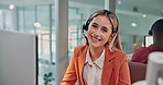 Face, woman and happy at computer in callcenter for telemarketing, lead generation and telesales. Coworking, sales agent and smile at tech for cold calling, outbound representative, about us or pride