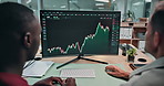 Computer screen, data or men with trading advice for economy news, chart patterns or stats in office. Trader dashboard, back of team or pointing to graphs for market timing, metrics or price movement