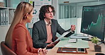 File, team and trading advice on computer screen for market timing, stock trends or coaching. Office, mentor and woman with charts on trader dashboard for price movement, investment insight or folder