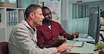 Office, men and trading advice on computer screen for market shift, explain stocks and graphs. Trader dashboard, teamwork and laughing with charts at desk for price movement, economy news or coaching