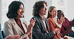 Success, smile or people at seminar with clap, achievement or celebration for business growth. Happy, corporate or employees at event with victory, crowd applause or motivation for company milestone.