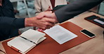 Shaking hands, interview or hiring with business people in office, onboarding and HR for introduction. Candidate, recruitment and handshake for welcome, job opportunity or greeting at meeting