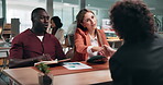 Shaking hands, interview or hiring with people in workplace, onboarding or HR with introduction. Interviewer, candidate and recruitment with handshake for welcome, opportunity or notebook with tablet