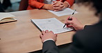 Lawyer, hands and signature with ring for divorce, legal agreement or marriage settlement. People, attorney or signing with contract, form or document for prenuptial dismissal or termination on desk