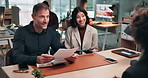 Job interview, resume and happy people with applicant in office, discussion and recruitment process. Company, HR and team with candidate for career opportunity, talking and review qualifications
