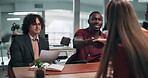 Handshake, interview or hiring with business people in office, onboarding and HR with introduction. Men, candidate and recruitment with shaking hands for welcome, job opportunity and hello at meeting