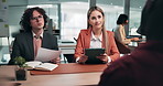 Interview, discussion or people in office with question, review or onboarding in hiring process. Paper, tech or HR team with meeting, candidate assessment or staff recruitment in career opportunity.
