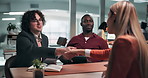 Shaking hands, interview or hiring with business people in office, onboarding and HR with introduction. Men, candidate and recruitment with handshake for welcome, job opportunity and hello at meeting