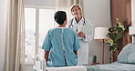 Woman, doctor and happy with tablet at hospital bed for healing, discharge news and test results. Patient, mature health worker and tech in clinic ward for surgery recovery, release info and wellness
