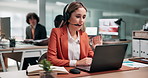 Woman, agent and wave with laptop for video call, online advice or communication in office. Female person, business consultant or discussion with computer for virtual assistance or customer service