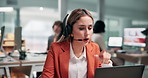 Woman, consultant and laptop with headset in office for online advice, communication or help. Female person, business agent or discussion with technology for virtual assistance or customer service
