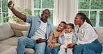 Selfie, kids or sofa with black family in home for photography, bonding or memory together. Dad, mom or children with smile or siblings on couch for capture moment, picture app or connection in house