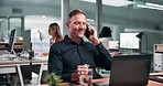 Laugh, talking and business man with phone call, discussion and finance feedback in coworking office. Laptop, financial agency and person on cellphone for contact, conversation and investment update