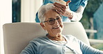 Caregiver, grooming and old woman in retirement home with comb, support or help for beauty routine. Volunteer service, elderly person and happy in house with hair care, assisted living and kindness.