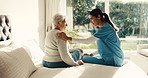 Nurse, woman and elderly person in bedroom of retirement home for healthcare, trust or support. People, caregiver and talking with senior patient for conversation, discussion or advice in house