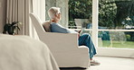 Thinking, old woman and relax with tablet in lounge, retirement or communication with contact on web. Texting, online and senior person in living room, search and reflection with technology in house