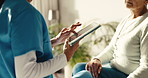Tablet, nurse and hands with old person in retirement home for healthcare, discussion or support. Woman, caregiver and digital tech with elderly patient for senior care, report or advice in house