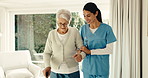 Physiotherapist, talk and old woman in retirement home with cane, support and advice for exercise. Happy, healthcare worker and senior person with mobility aid, wellness update and physical therapy.