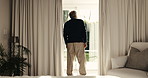 Back, thinking and old man at house with window, vision and calm morning for daydreaming. Senior person, view and mindset in bedroom with reflection, nostalgia memory and remember past on retirement