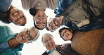 Laugh, below and face of big family in nature on holiday for bonding, love and care together. Funny, circle and portrait of children with grandparents and parents on vacation for connection outdoor.